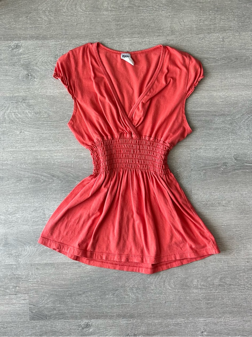 90s Y2K Karma Coral-Orange Smocked-Waist V-Neck Tunic Babydoll Made in USA